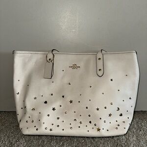Coach White Leather Tote with Gold Star & Stud Accents